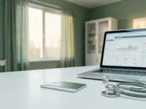 Medizinische Smartcard auf weißem Schreibtisch neben Laptop mit Patientendaten und Stethoskop in klinischer Umgebung.