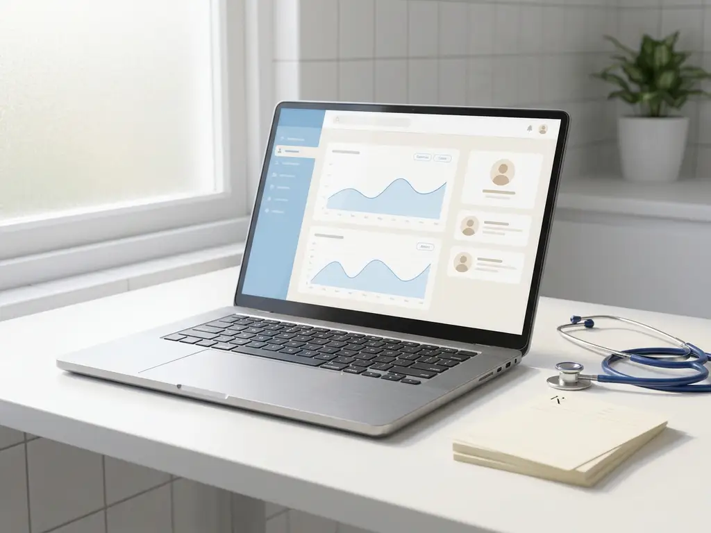 Laptop mit medizinischem Dashboard auf weißem Kliniktisch, daneben Stethoskop und Formulare im natürlichen Tageslicht.