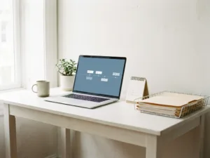 Aufgeklappter Laptop auf weißem Schreibtisch neben Tischkalender und gestapelten Ordnern in hellem, natürlich beleuchtetem Büro.