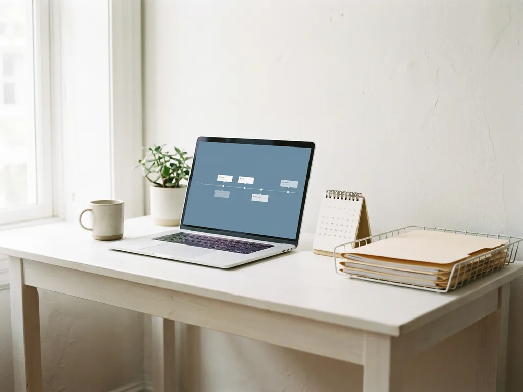Aufgeklappter Laptop auf weißem Schreibtisch neben Tischkalender und gestapelten Ordnern in hellem, natürlich beleuchtetem Büro.