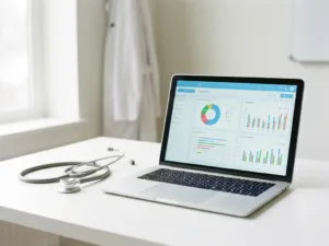 Laptop mit digitaler Patientenakte auf weißem Kliniktisch, daneben ein Stethoskop, in ruhiger medizinischer Umgebung.