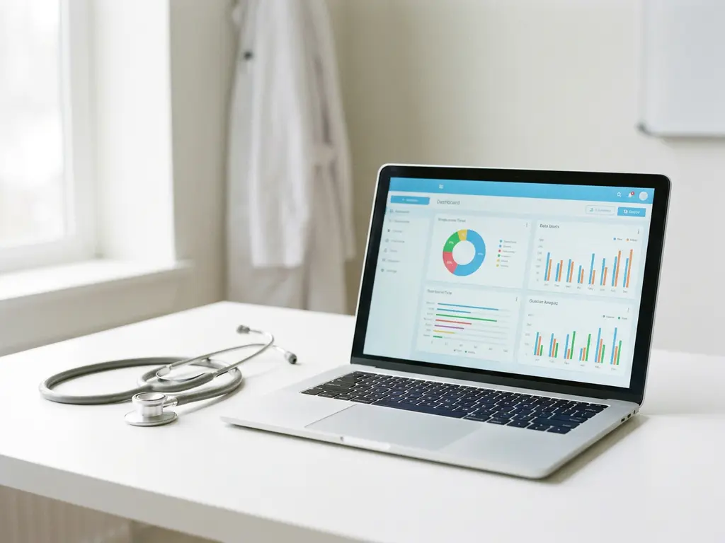 Laptop mit digitaler Patientenakte auf weißem Kliniktisch, daneben ein Stethoskop, in ruhiger medizinischer Umgebung.