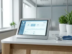 Medizinisches Tablet mit Patientenakte auf weißem Kliniktisch, Stethoskop daneben, natürliches Licht, modernes Arbeitsmedizin-Setting.
