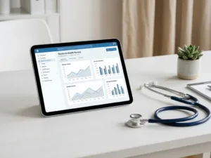 Digitales Tablet mit Patientenakte auf weißem Kliniktisch, daneben ein Stethoskop in Stahlblau und Neutraltönen.