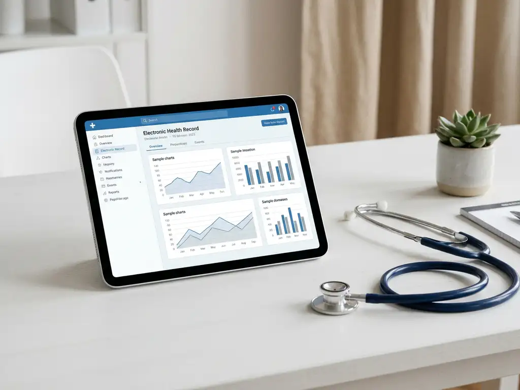 Digitales Tablet mit Patientenakte auf weißem Kliniktisch, daneben ein Stethoskop in Stahlblau und Neutraltönen.