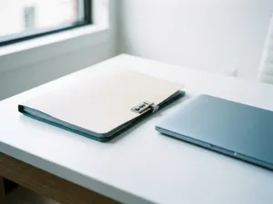 Versiegelte Patientenakte mit Kombinationsschloss auf weißem Schreibtisch neben Laptop, symbolisiert Datenschutz im Gesundheitswesen.