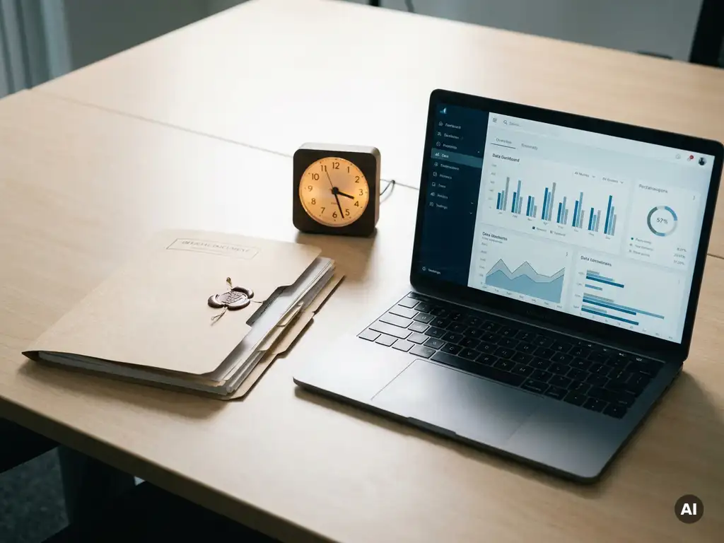 Geöffnete Behördenmappe neben Laptop mit Compliance-Dashboard und Tischuhr auf modernem Schreibtisch.
