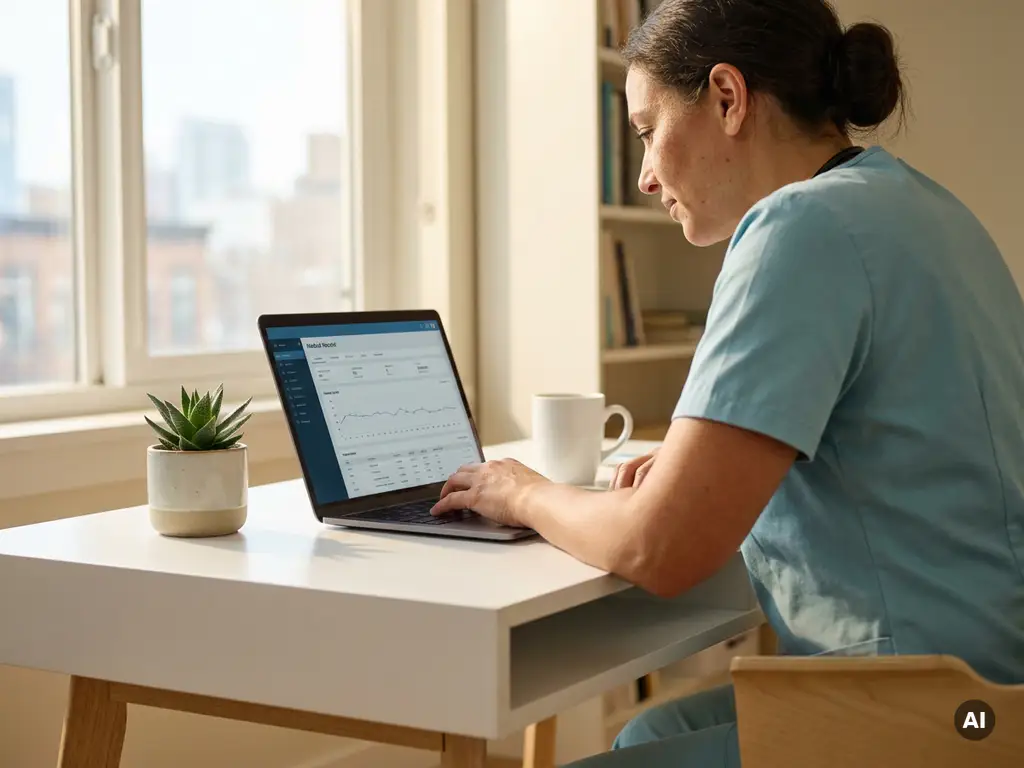 Ärztin prüft digitale Patientenakte auf Laptop in hellem Büro mit Zimmerpflanze und Kaffeetasse auf weißem Schreibtisch.