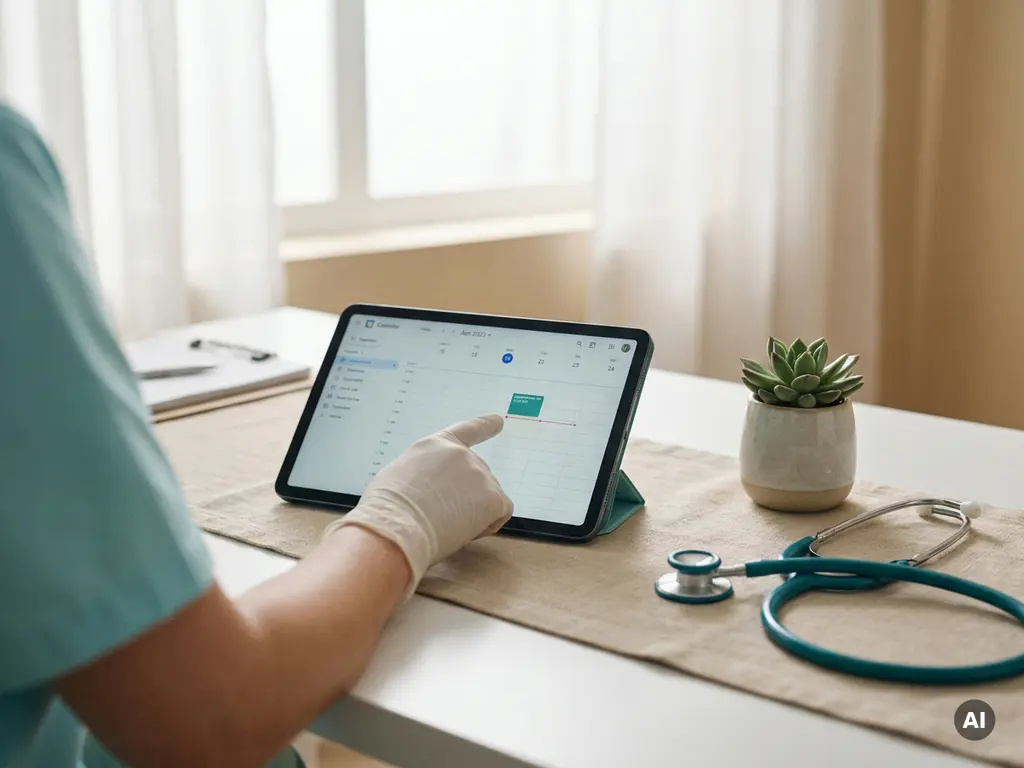 Arzthand tippt auf Tablet zur Terminbestätigung, Stethoskop und Pflanze auf weißem Klinikschreibtisch, natürliches Fensterlicht.