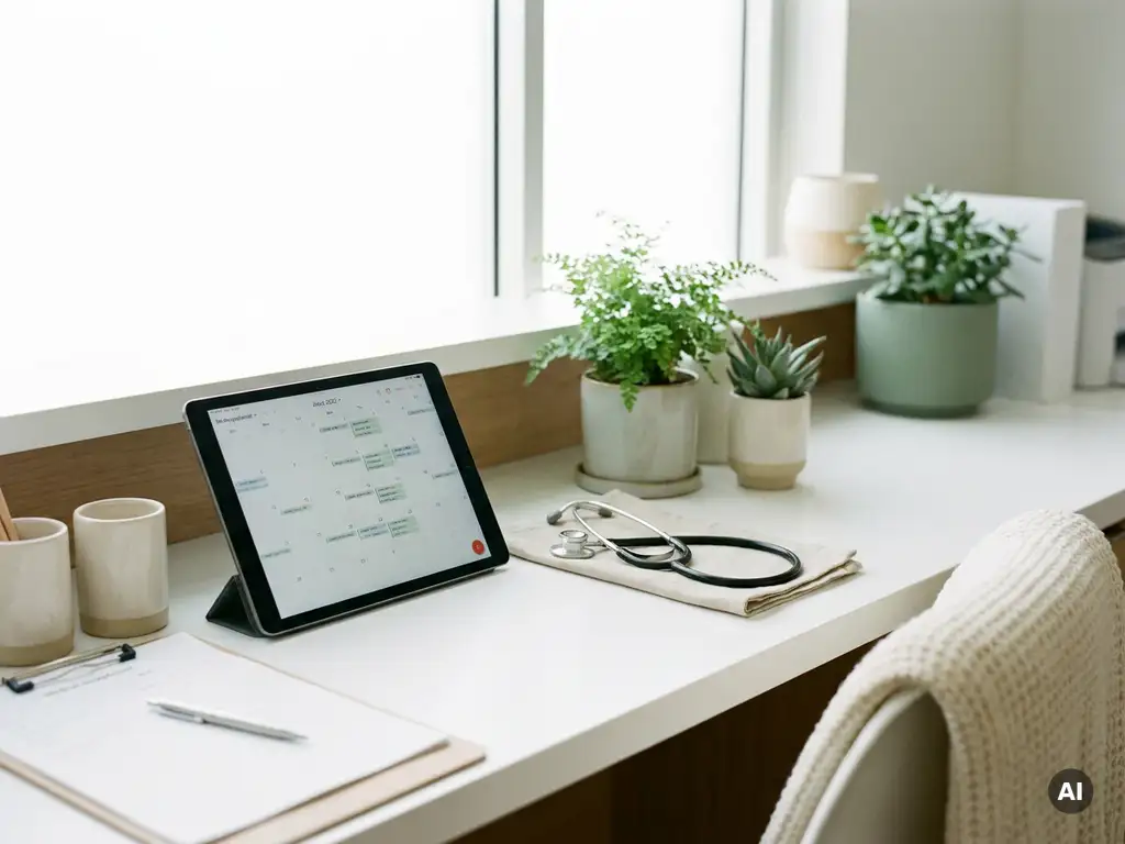 Medizinischer Empfangstresen mit Tablet-Kalender, Stethoskop und grünen Pflanzen im Hintergrund bei Tageslicht.