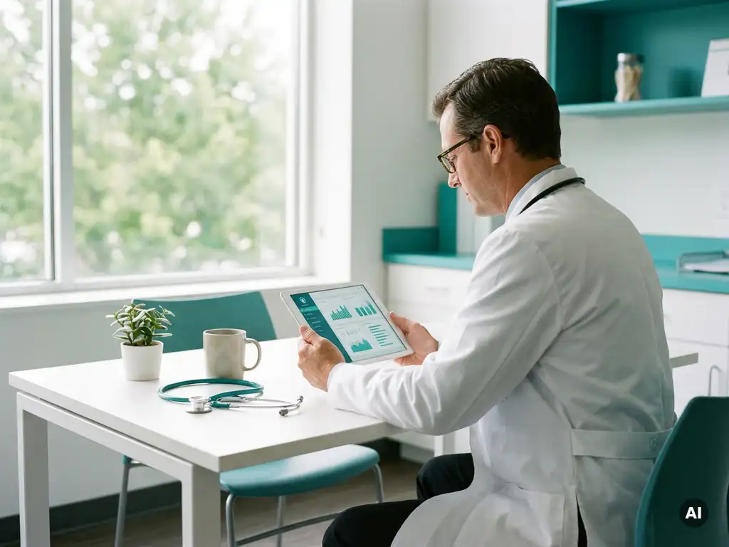Betriebsarzt prüft digitale Mitarbeiter-Gesundheitsakte auf Tablet, Stethoskop auf weißem Schreibtisch, helles medizinisches Büro.