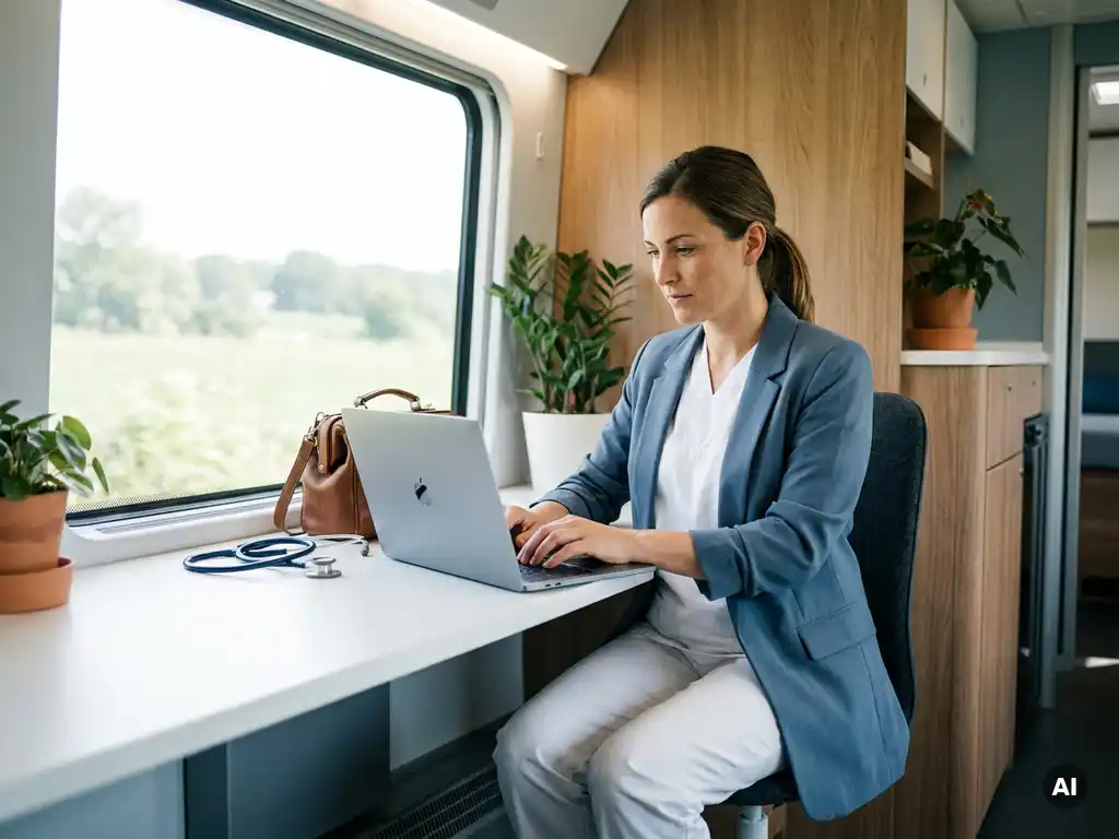 Betriebsarzt arbeitet am Laptop mit Stethoskop und Arzttasche auf weißem Schreibtisch im modernen Büro.