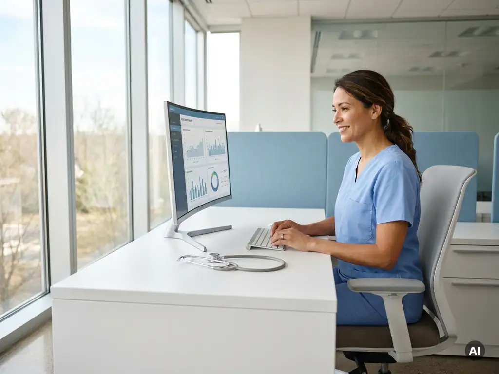 Medizinische Fachkraft prüft digitale Mitarbeitergesundheitsdaten am Monitor, Stethoskop neben Tastatur in hellem Büro.