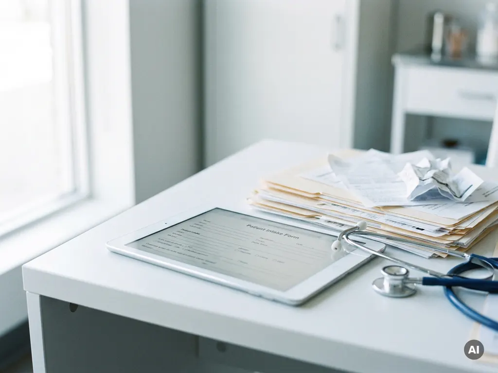Medizinisches Tablet mit leerem Patientenformular neben unsortierten Papierdokumenten und Stethoskop auf klinischem Schreibtisch.