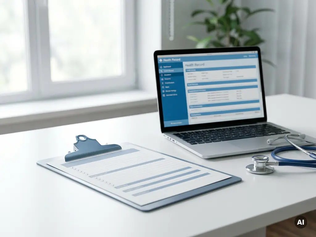 Medizinisches Klemmbrett mit Compliance-Dokumenten auf klinischem Schreibtisch neben Laptop mit Gesundheitsdaten und Stethoskop.