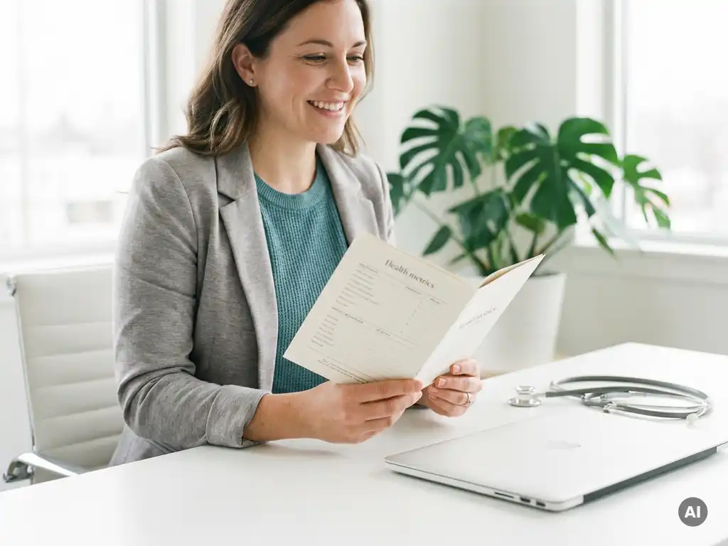Wellness-Koordinatorin prüft Gesundheitsbericht am modernen Bürotisch mit Stethoskop und Laptop im natürlichen Tageslicht.