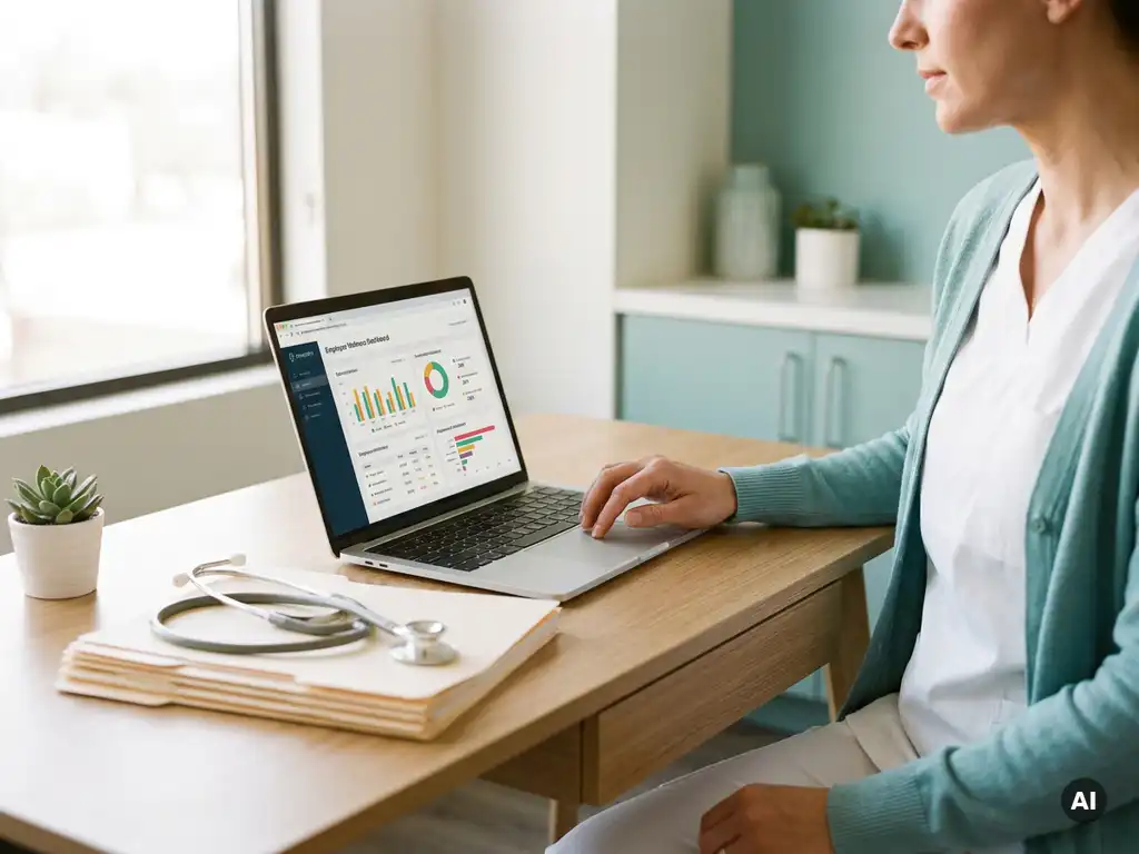 Gesundheitsfachkraft am klinischen Schreibtisch mit Laptop und Mitarbeiter-Gesundheits-Dashboard, Stethoskop und Aktenmappe im Vordergrund.