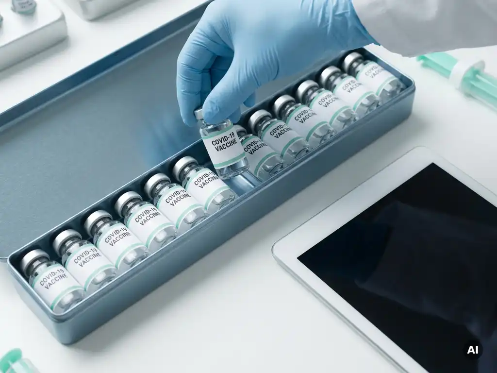 Behandschuhte Hand ordnet beschriftete Impfstoffampullen in einem Kliniktablett, digitales Tablet auf steriler weißer Oberfläche daneben.