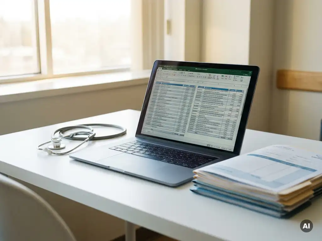 Aufgeräumter Krankenhausschreibtisch mit Stethoskop, Laptop mit Abrechnungsdaten und gestapelten Patientenakten in ruhiger klinischer Atmosphäre.