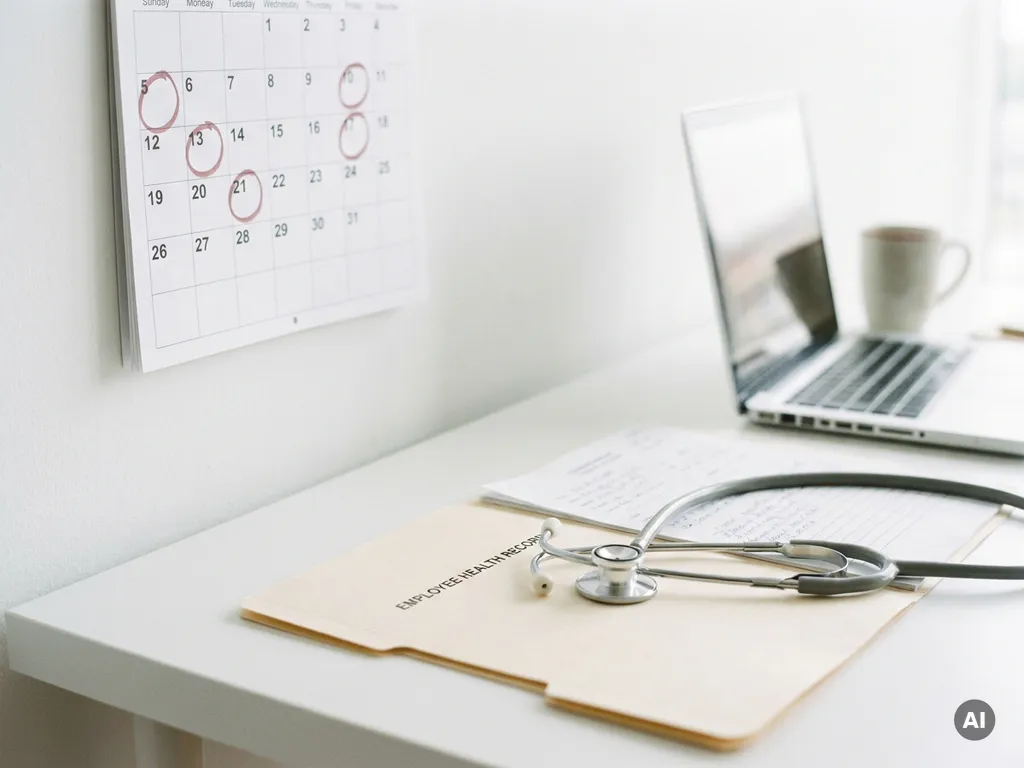 Wandkalender mit rot markierten Terminen, Stethoskop auf geöffneter Mitarbeitergesundheitsakte, Laptop im Hintergrund auf weißem Schreibtisch.
