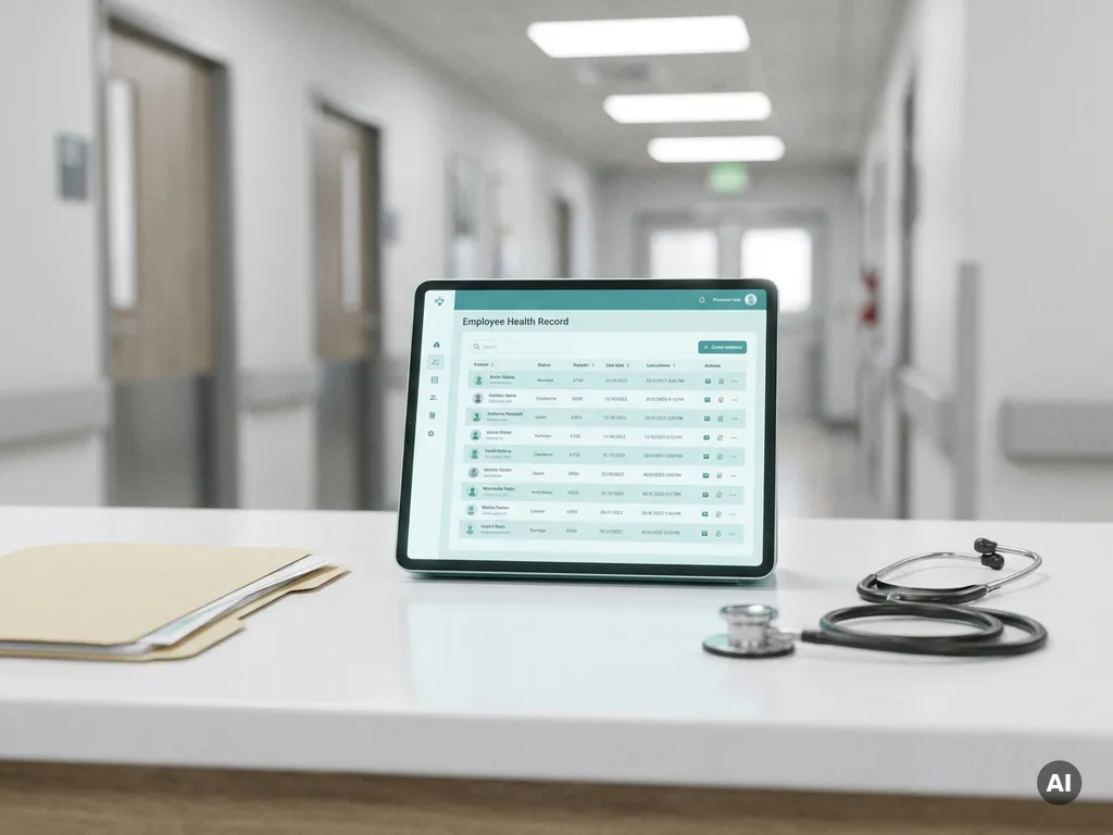 Digitales Tablet mit Mitarbeiter-Gesundheitsakte auf klinischem Schreibtisch neben Stethoskop und Personalakte, Krankenhausflur im Hintergrund.