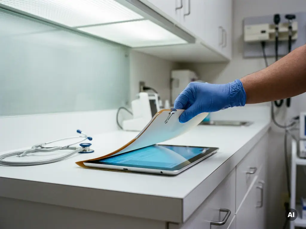 Behandschuhte Hand legt Patientenakte in digitales Tablet auf klinischem Schreibtisch, Stethoskop daneben.
