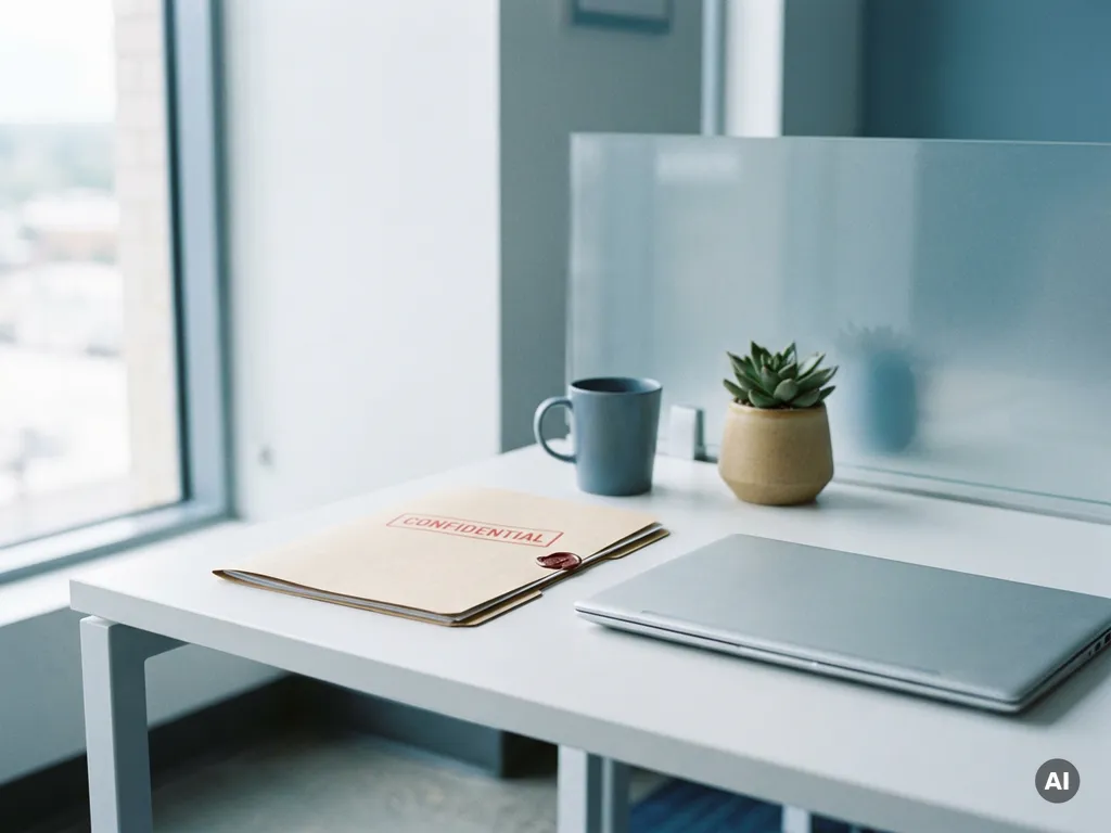 Versiegelter Vertraulichkeitsordner auf weißem Schreibtisch neben Laptop in modernem Arbeitsmedizin-Büro mit natürlichem Seitenlicht.