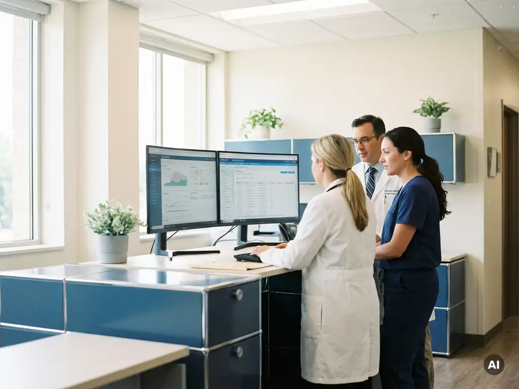 Drei Betriebsärzte prüfen gemeinsam Patientenakten an einem modernen klinischen Arbeitsplatz mit zwei Monitoren.