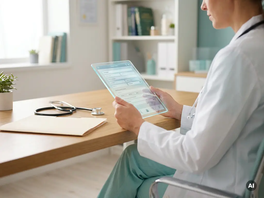 Arzt in moderner Praxis prüft digitales Patientenformular auf leuchtendem Tablet, Stethoskop und Akte auf dem Schreibtisch.