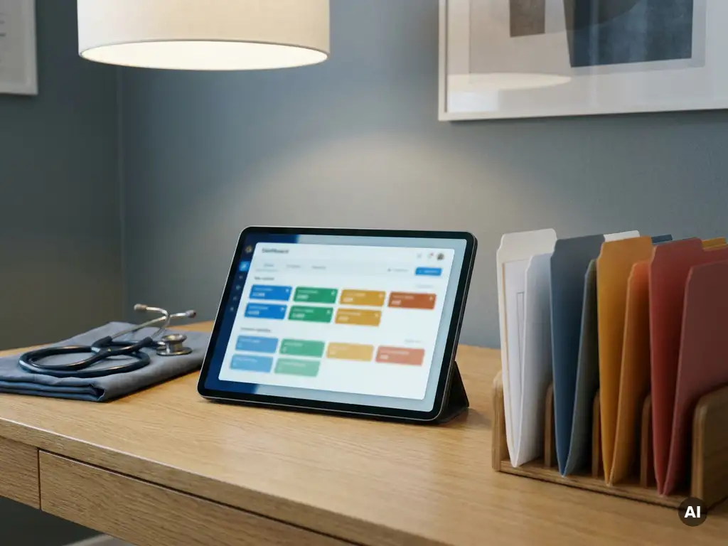 Arztschreibtisch mit digitalem Tablet, das ein Workflow-Dashboard zeigt, farbcodierten Registerreiter-Mappen und Stethoskop.
