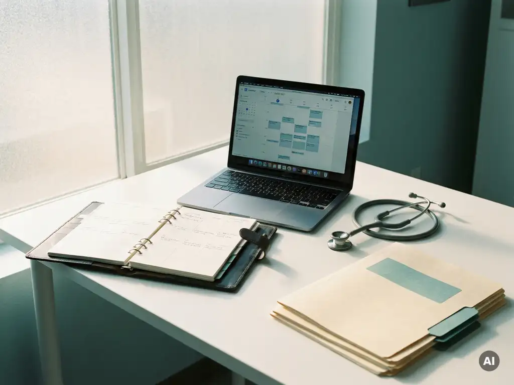 Klinischer Schreibtisch mit Wochenplaner, Laptop mit Kalender, Stethoskop und Patientenakten im warmen Naturlicht.