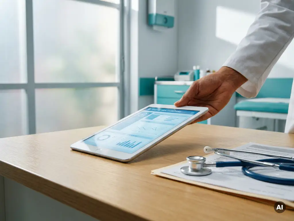 Arzthand legt Tablet mit digitaler Patientenakte auf Kliniktisch, daneben Stethoskop und Papierformulare, natürliches Licht.