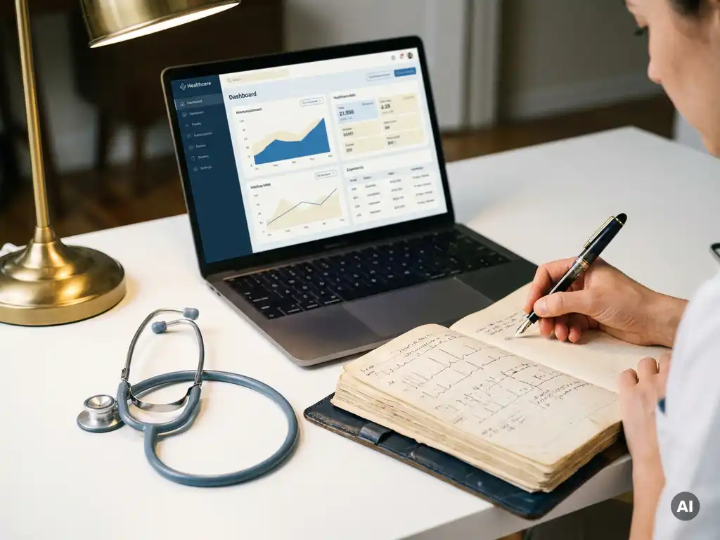 Hand schreibt Anmerkungen in medizinisches Auditbuch neben Laptop mit Healthcare-Software und Stethoskop auf weißem Schreibtisch.