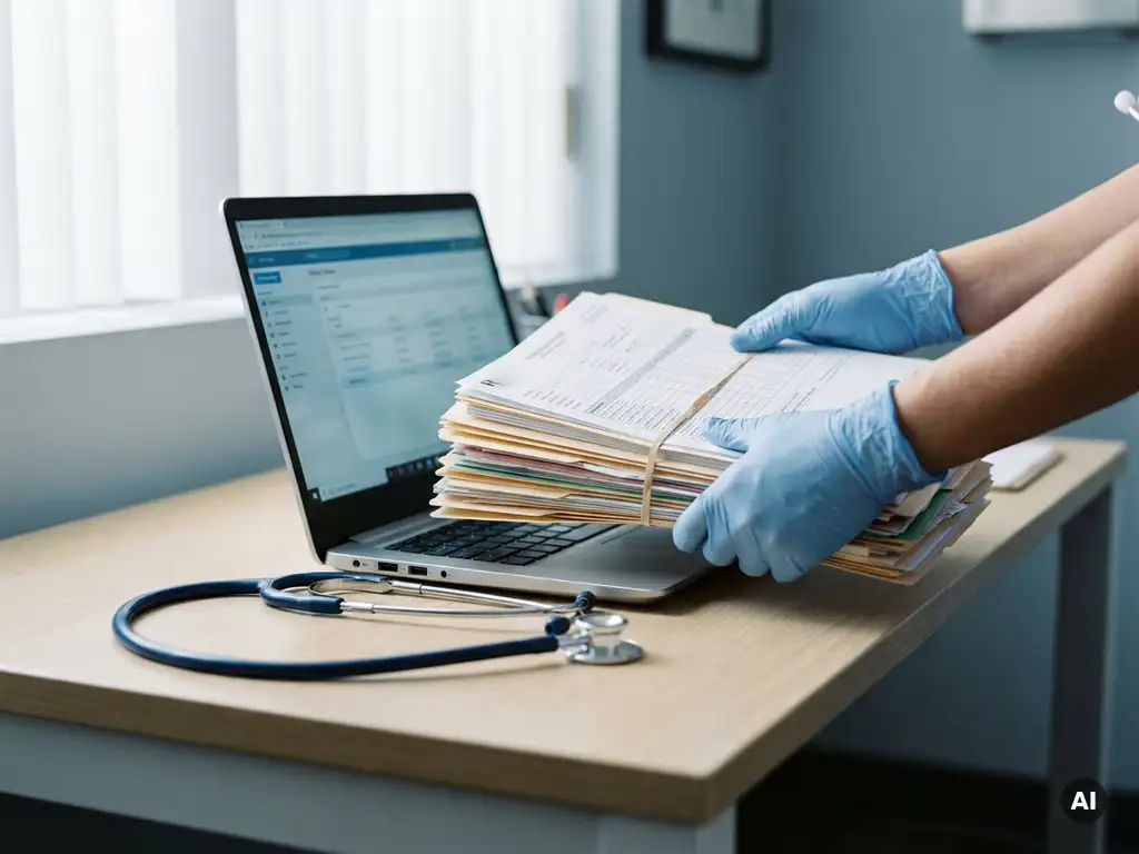 Medizinische Fachkraft überträgt Patientenakten in einen Laptop, Stethoskop auf klinischem Schreibtisch, Digitalisierung von Gesundheitsdaten.