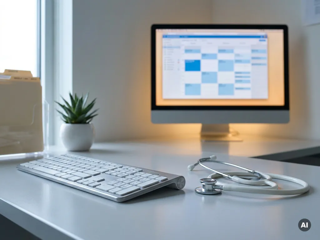 Medizinische Tastatur und Stethoskop neben Monitor mit Patientenplanung, aufgeräumter Klinikschreibtisch mit Pflanze und Ordnern.